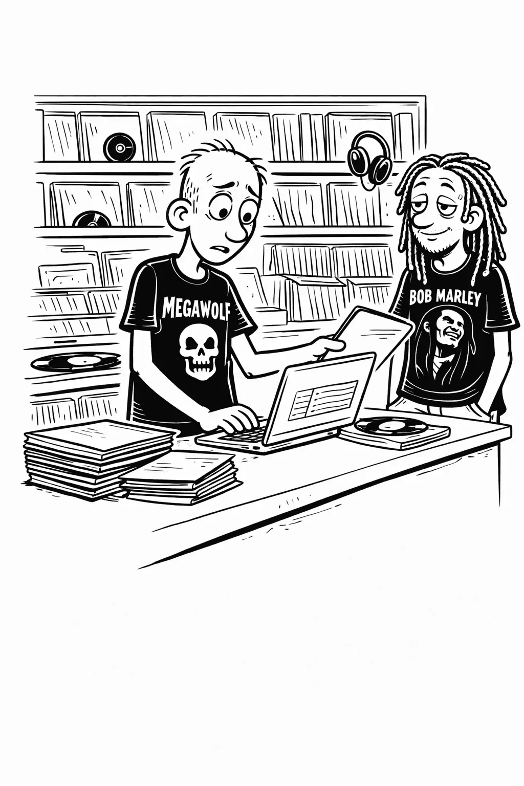 Hank entering records quickly at the counter