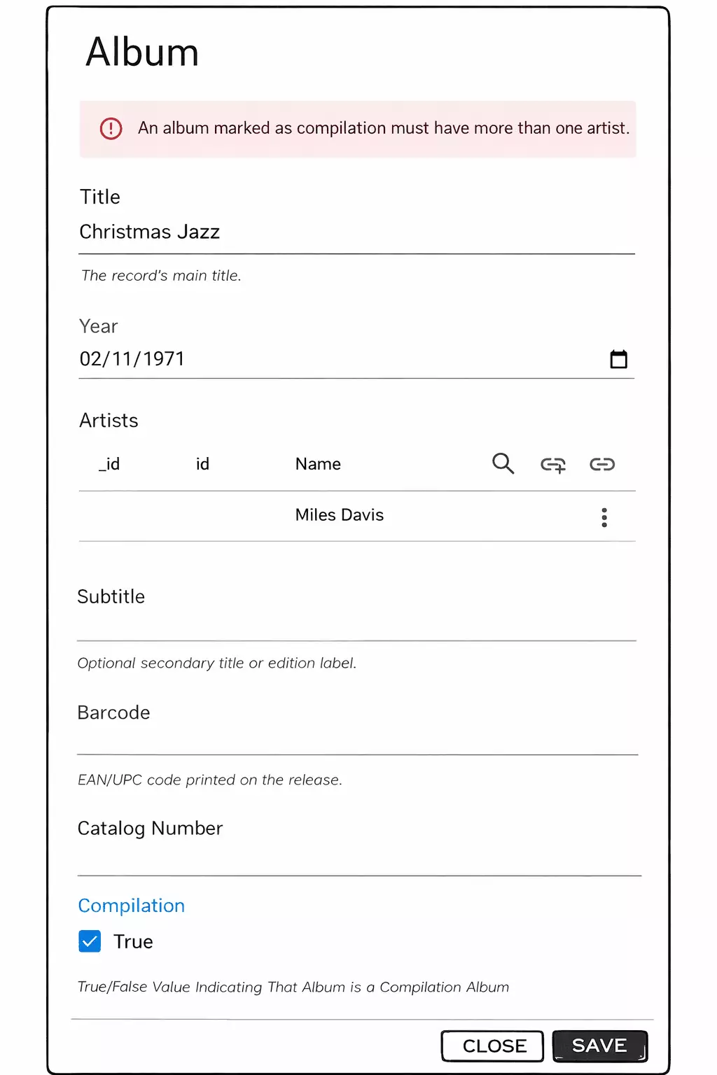 Add Album form showing error when compilation is checked but only one artist is connected, save button disabled