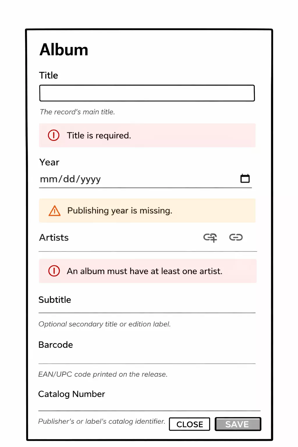 Add Album form showing error when no artist is connected and save button disabled