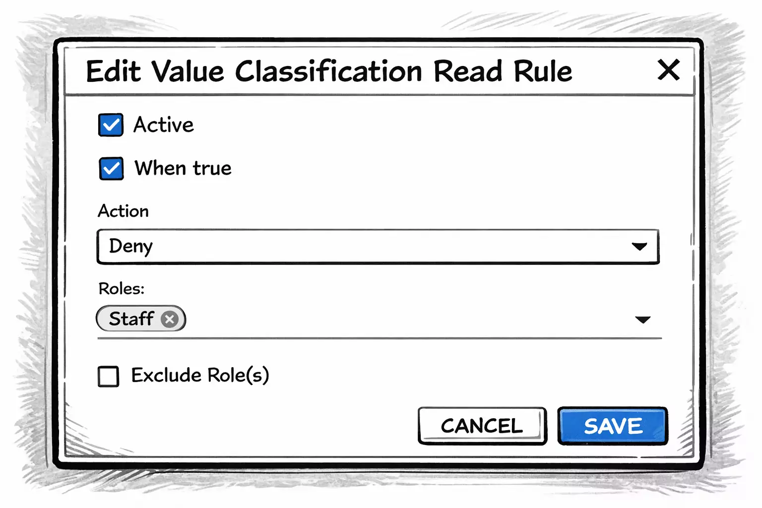 System dialog for configuring a read rule with Action set to Deny and Role set to Staff