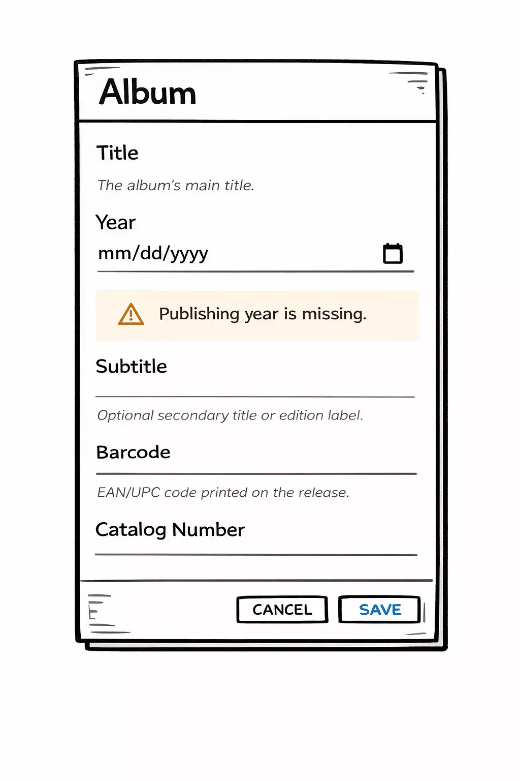 Adding a new album and seeing a warning for missing publishing year