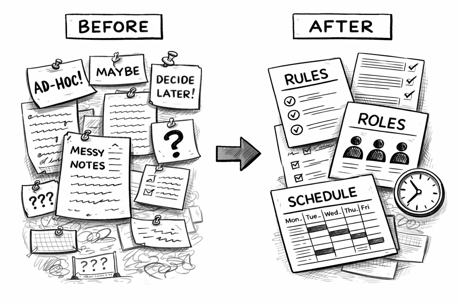 A simple before-and-after visualization where messy notes and ad-hoc decisions on the left become clear rules, roles, and structured time on the right