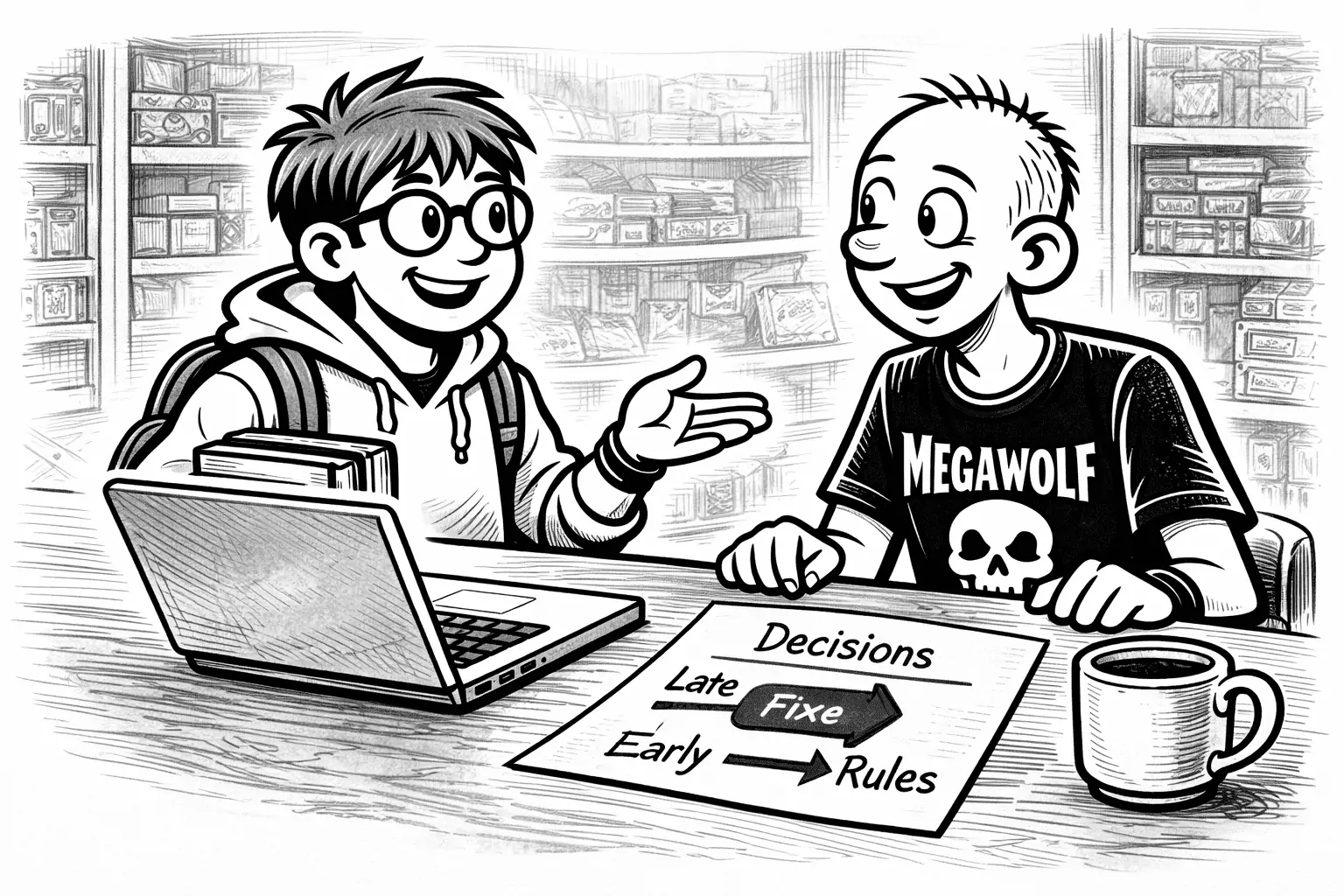 Sam and Gary discussing at a laptop while a simple diagram on paper shows decisions moving earlier in the process, from late fixes to early rules