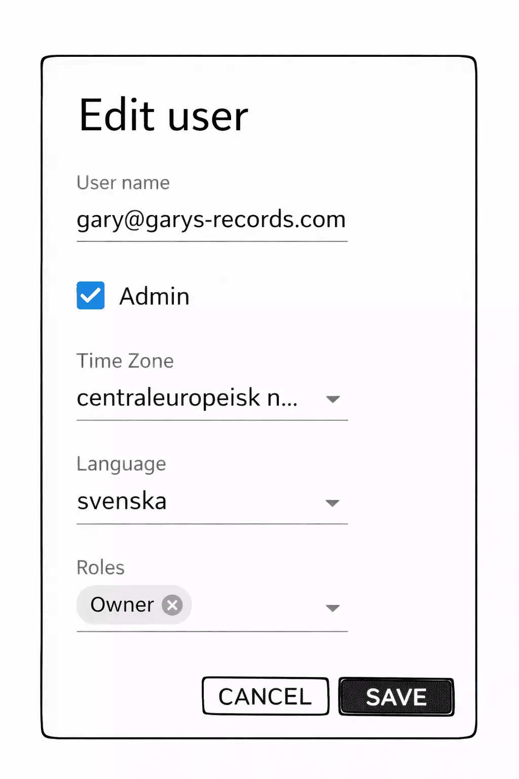 Edit user screen showing gary@garys-records.com with the Owner role selected