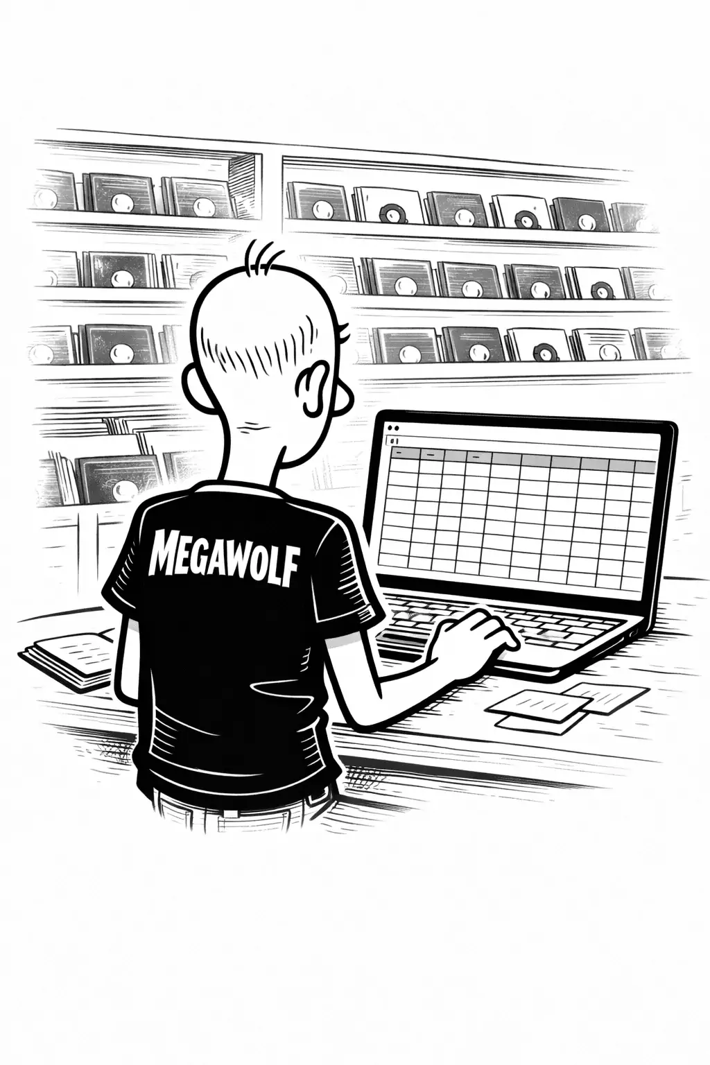 Gary working calmly in his record store