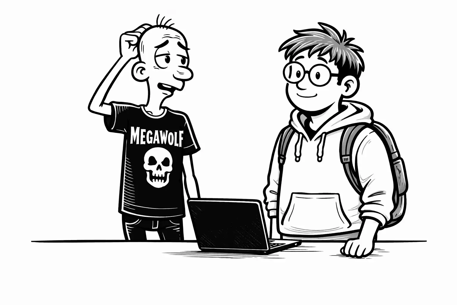 Gary and Sam at the record store counter with a laptop