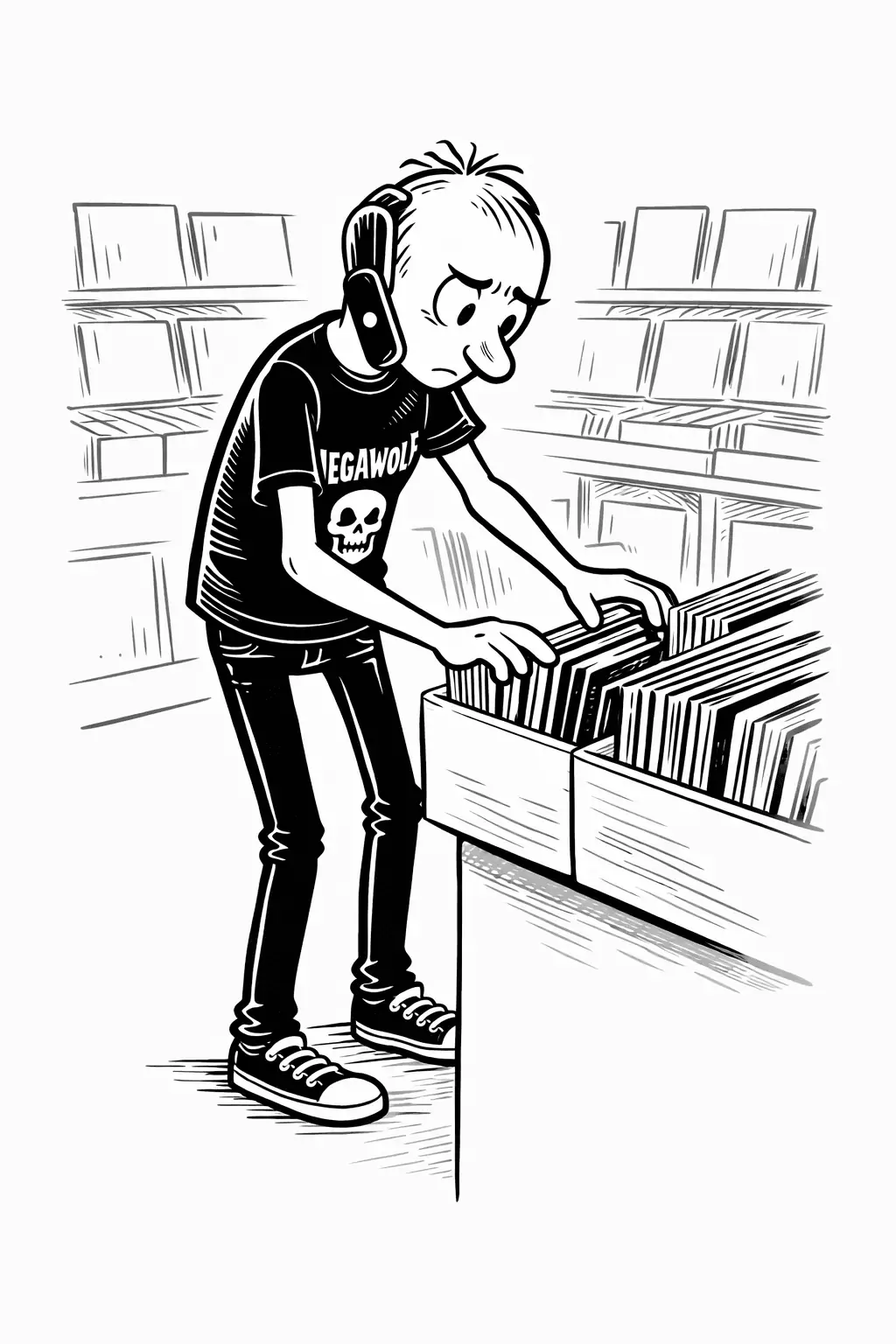 Gary checking shelves while holding a phone