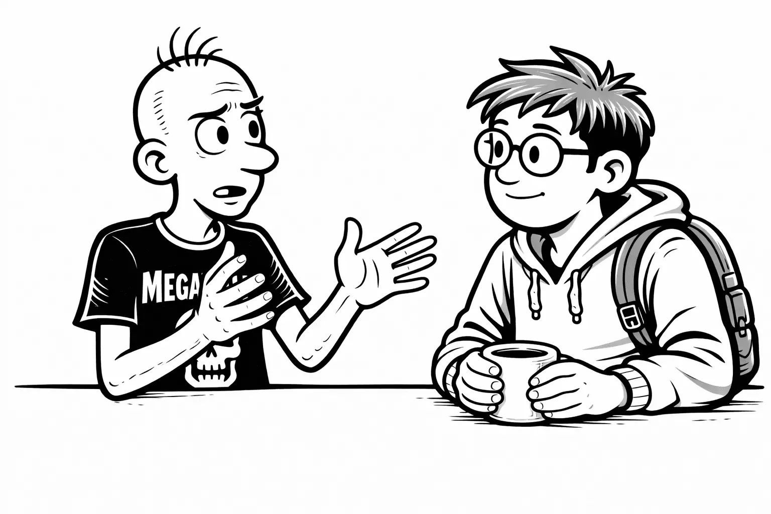 Gary explaining ideas with his hands while Sam listens