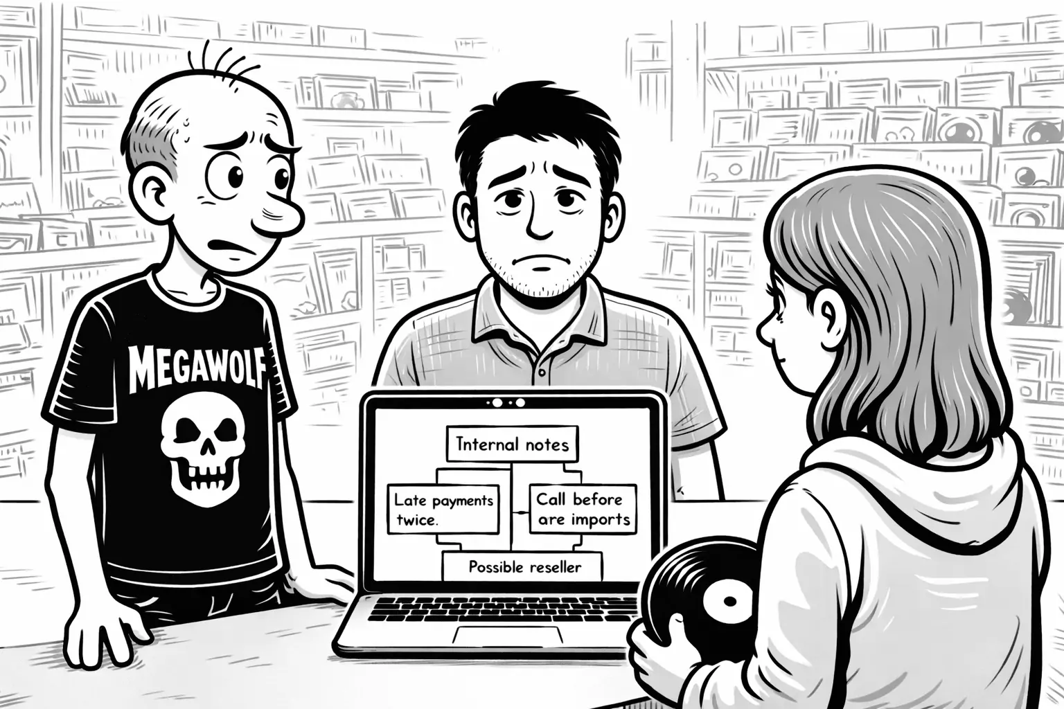 Gary watching a customer profile on the screen while Lisa helps a customer at the counter