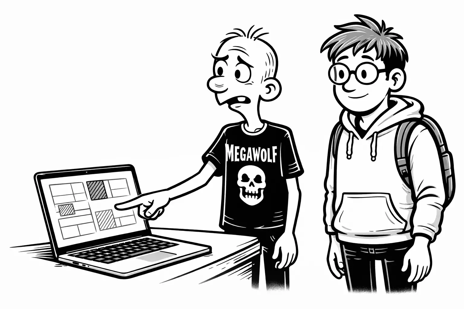 Gary pointing at a laptop with highlighted cells while Sam listens