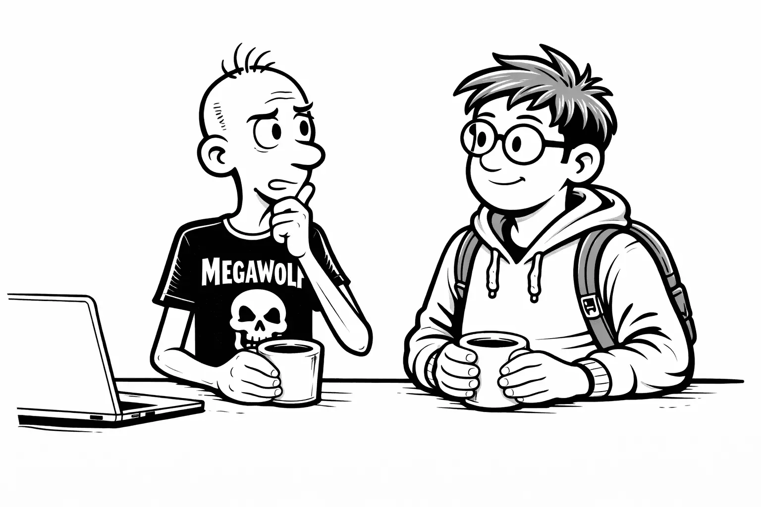 Gary and Sam sitting at the counter with coffee, not using the laptop yet