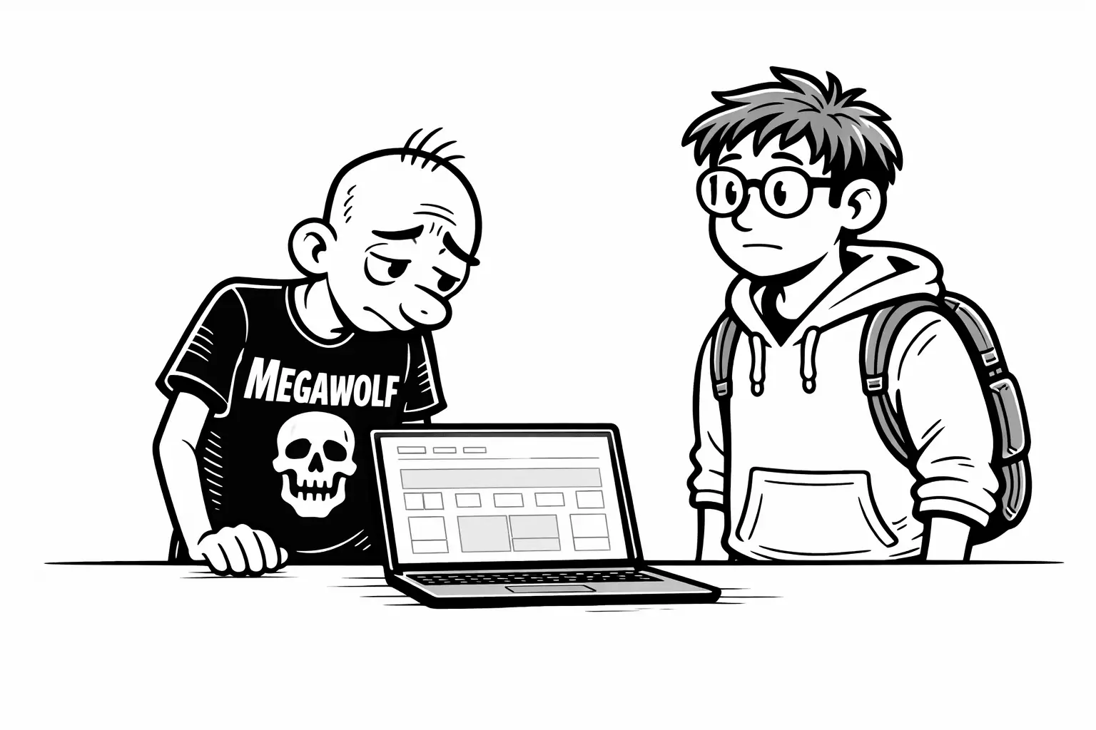 Gary looking worried at a laptop full of empty tables