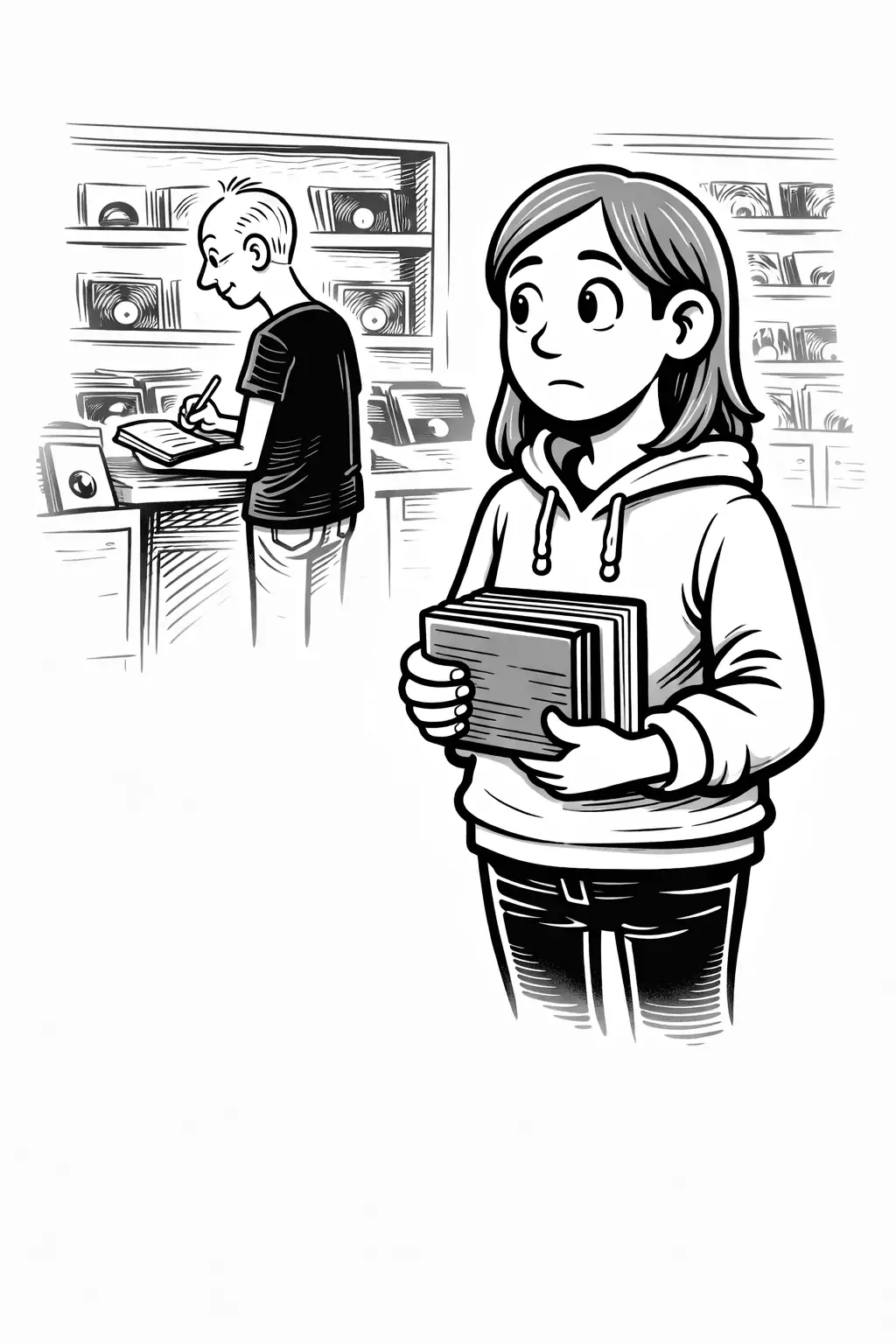 Lisa working in the record store, holding records