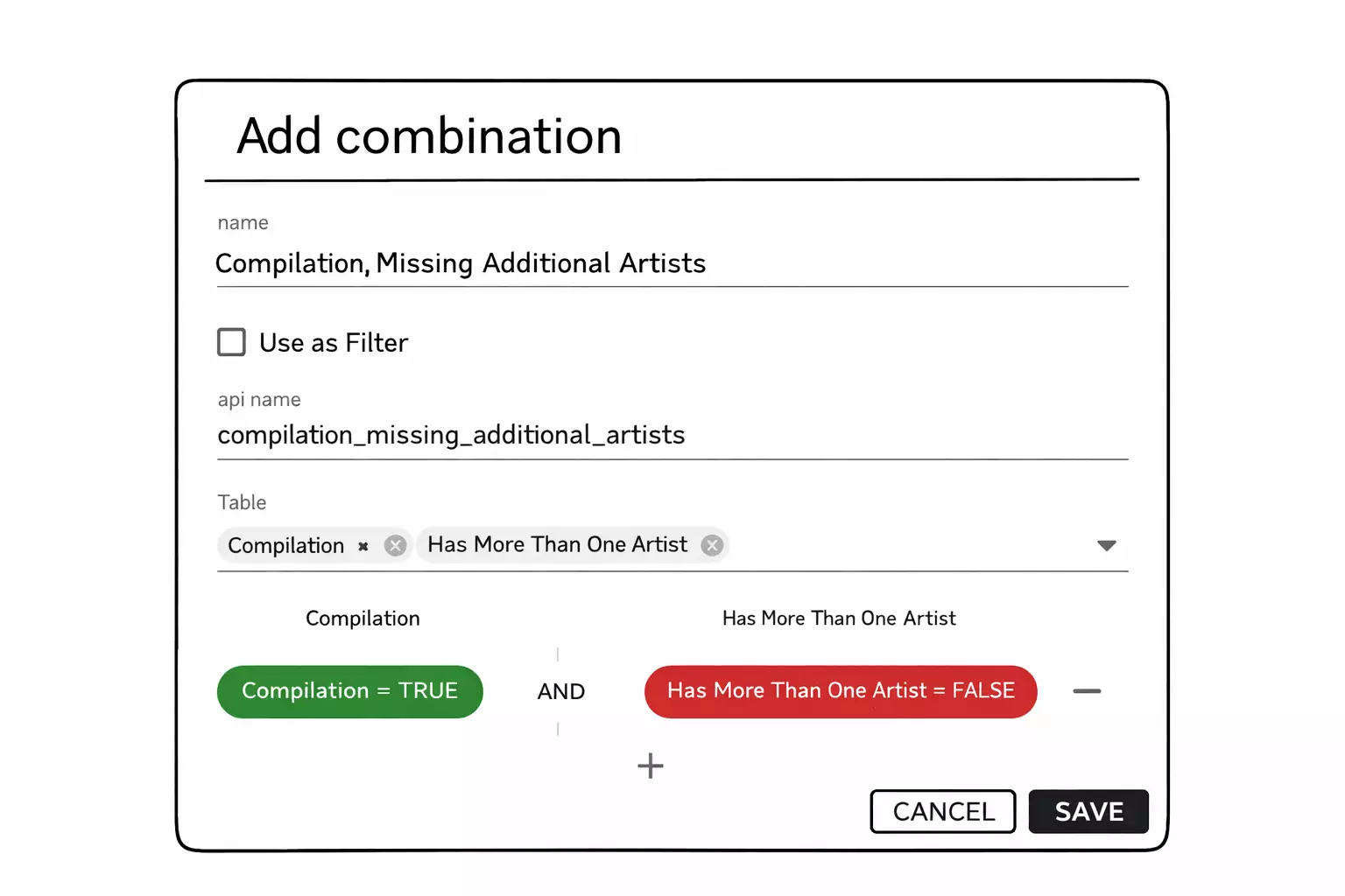 Logical classification configuration combining Compilation = TRUE and Has More Than One Artist = FALSE