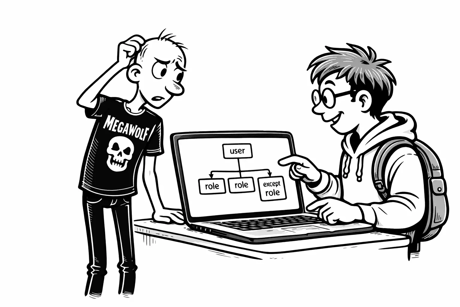 Sam explaining roles to Gary while both look at the system on a laptop