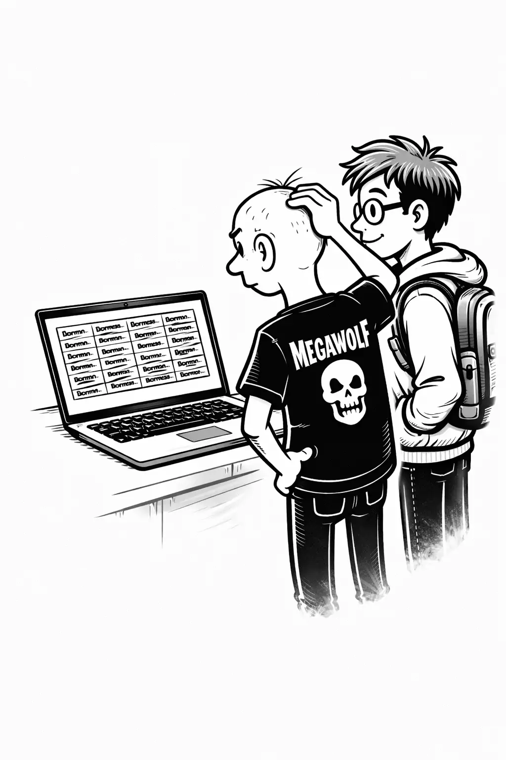 Sam observing the spreadsheet quietly