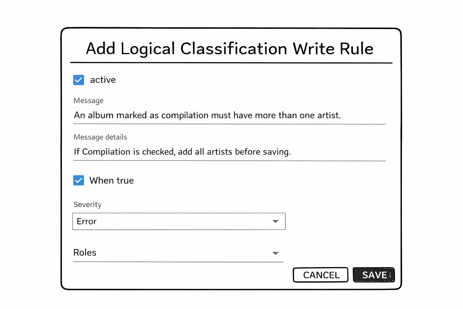 Write rule configured as Error for compilation missing additional artists