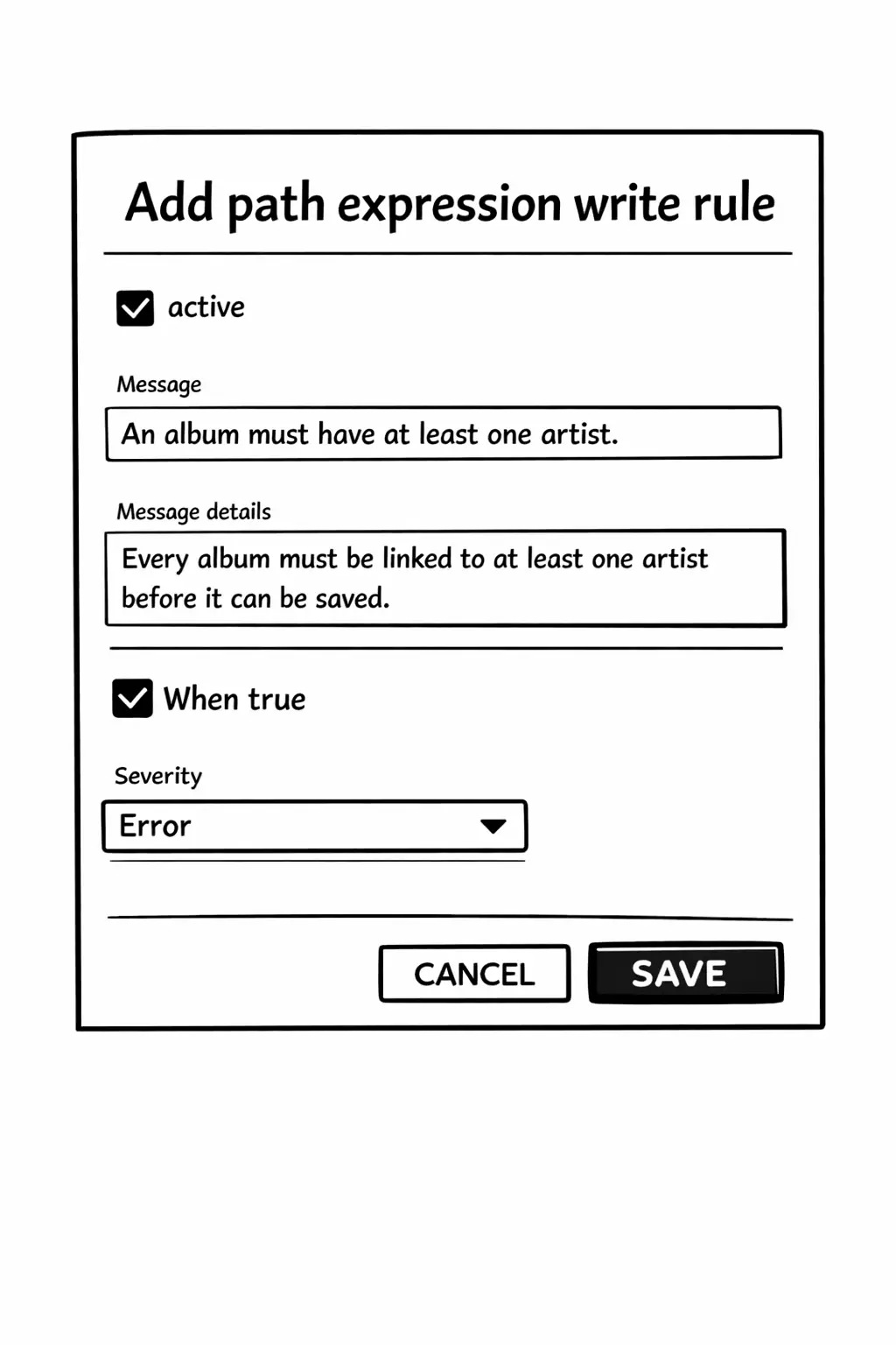 Configuring write rule with severity Error for missing artist