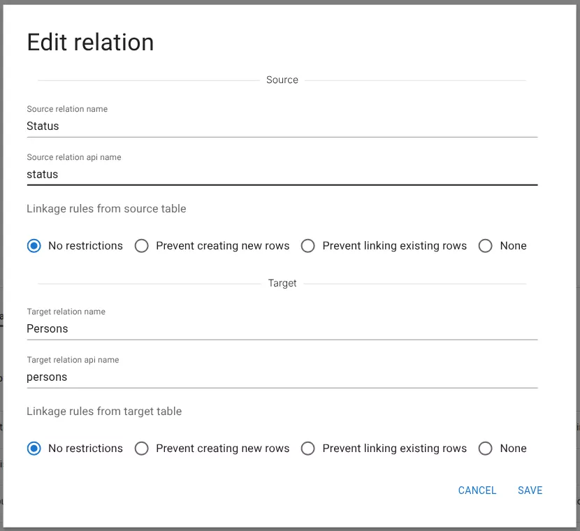 Edit relation dialog