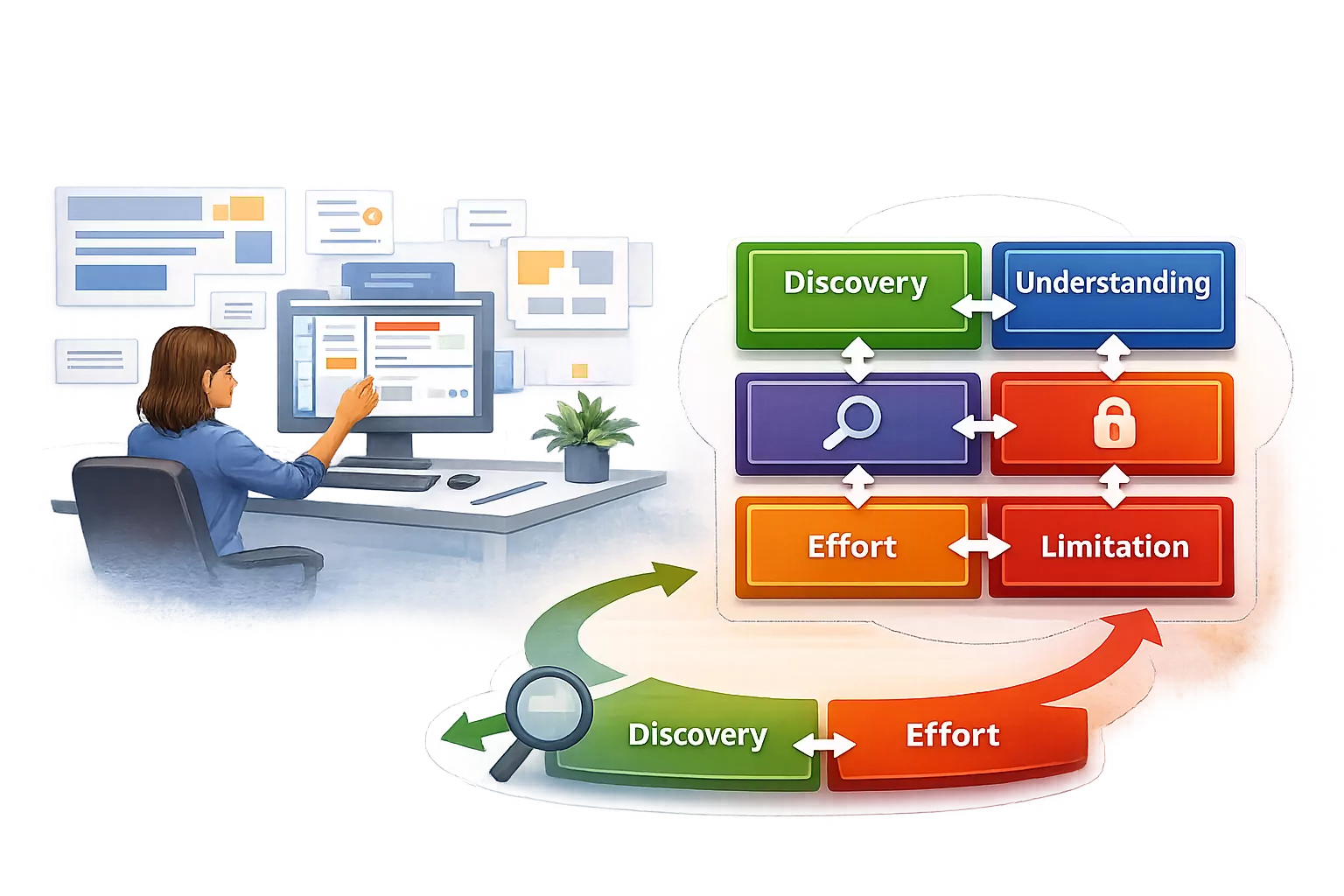 Abstract illustration showing a person engaging with a structured system surface