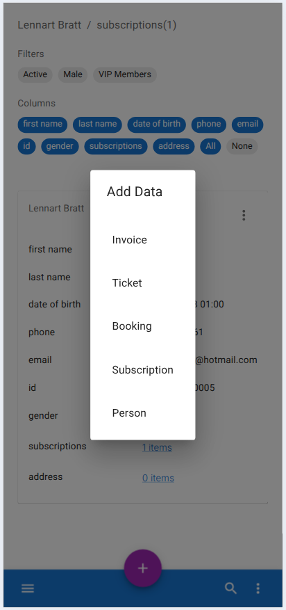 Add Data menu with available entities.