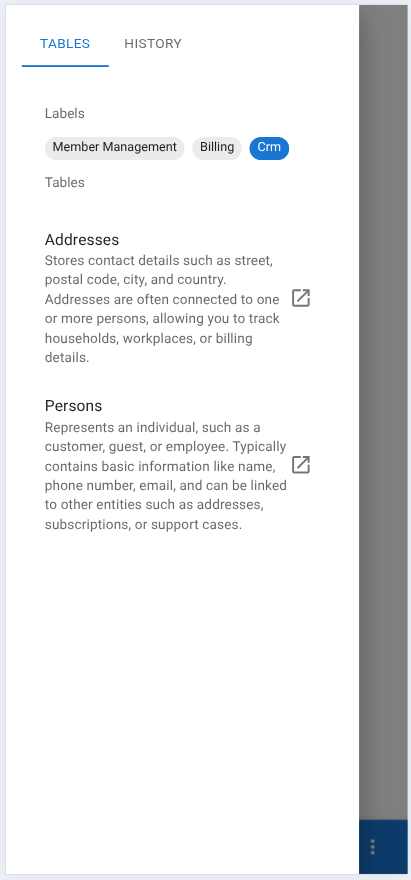 Tables and history in the mobile menu.